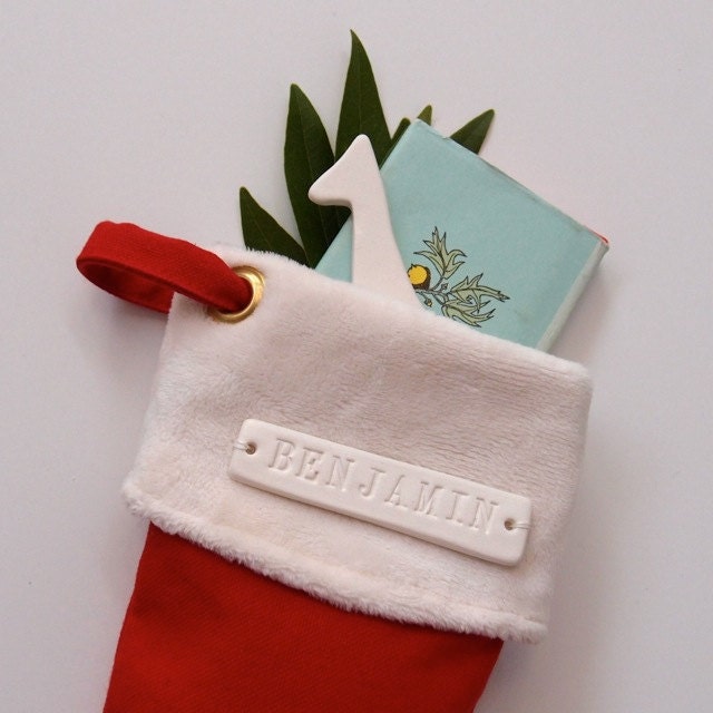 Personalized Christmas Stocking in Red Canvas, Child or Pet size, with personalized white ceramic name tile by Paloma's Nest