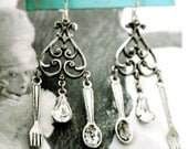 marie antoinette chandelier earrings. with cute tiny fork & spoon charms and vintage glass teardrops.