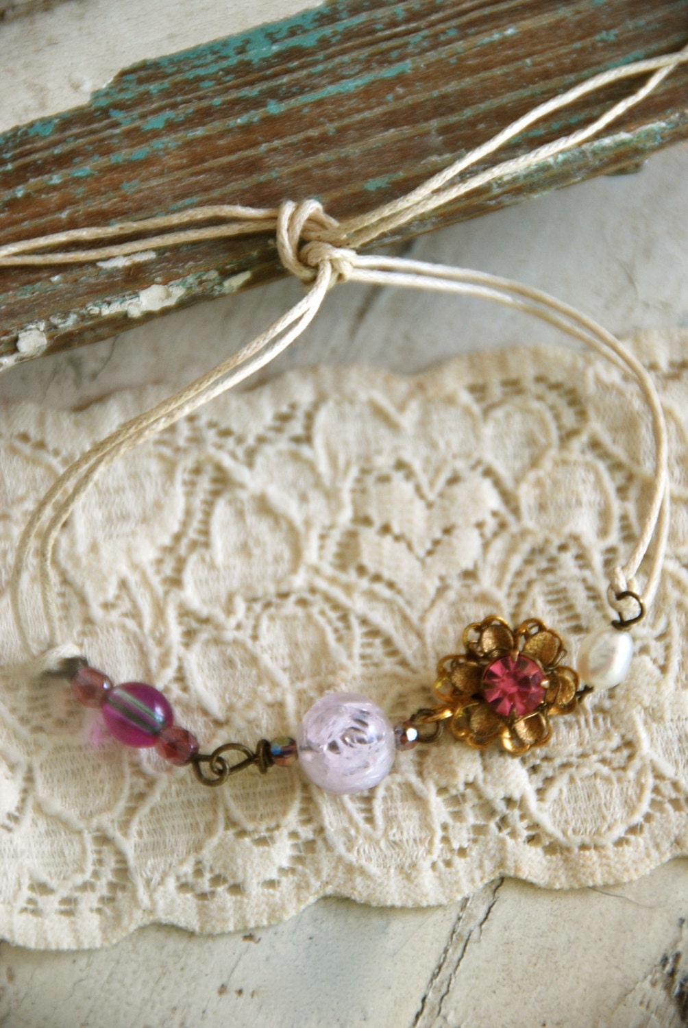Margot. vintage beaded,rhinestone,freshwater pearl, string bracelet. tiedupmemories