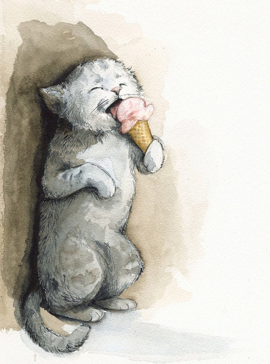 cat cards- 5 blank cards-"Stolen Cone" children, humor, stocking stuffer, cat lover