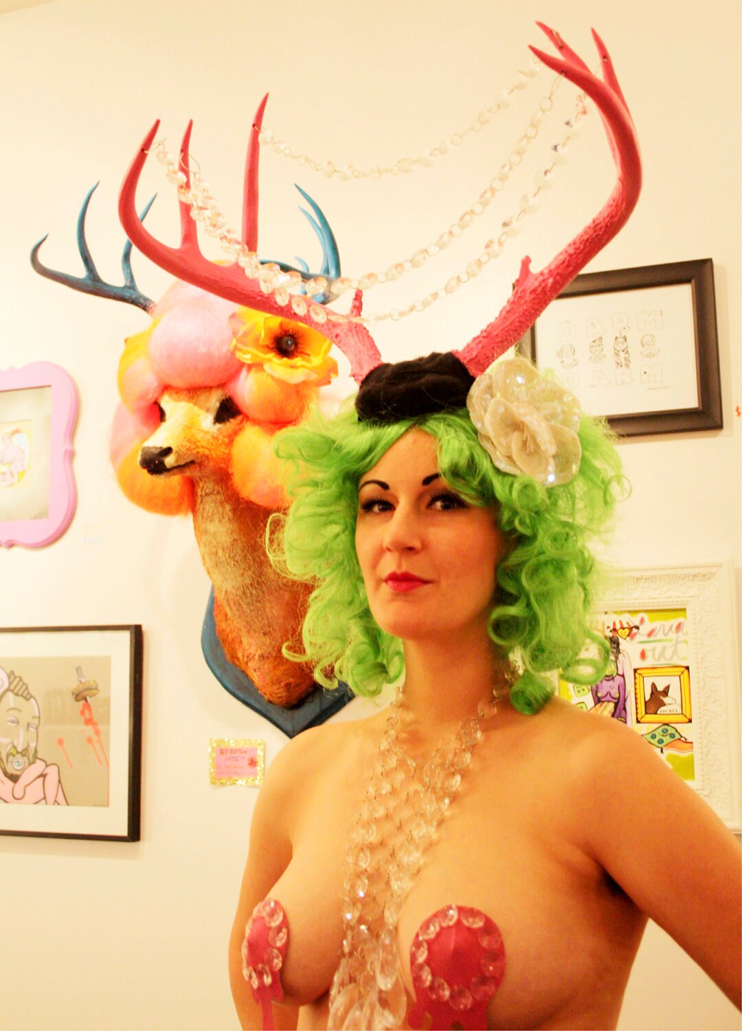 SALE - was 195 - Giant Pink Deer Antler Headpiece chandelier crystals