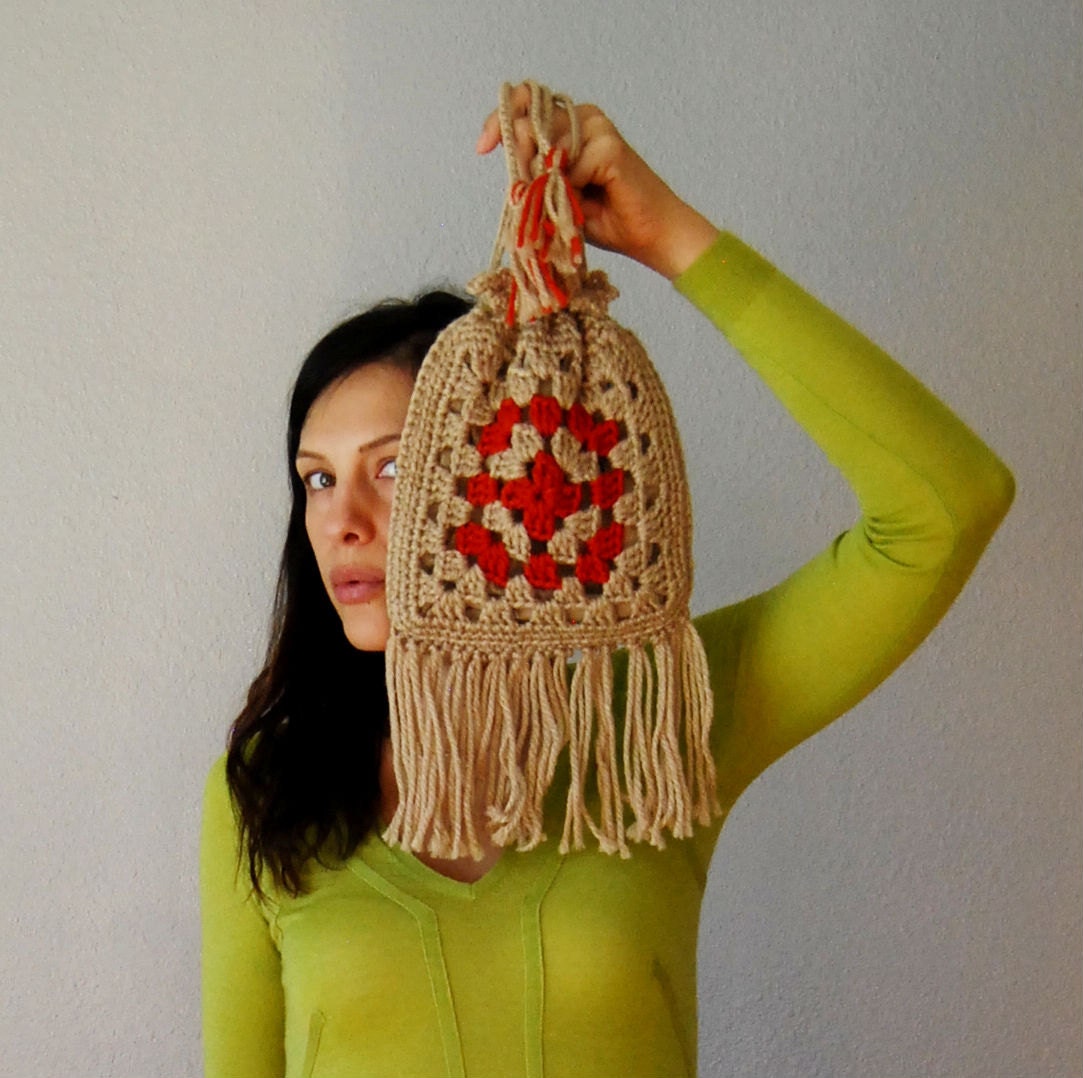 vintage GRANNY SQUARE bag  / 1960s crochet fringe drawstring handbag