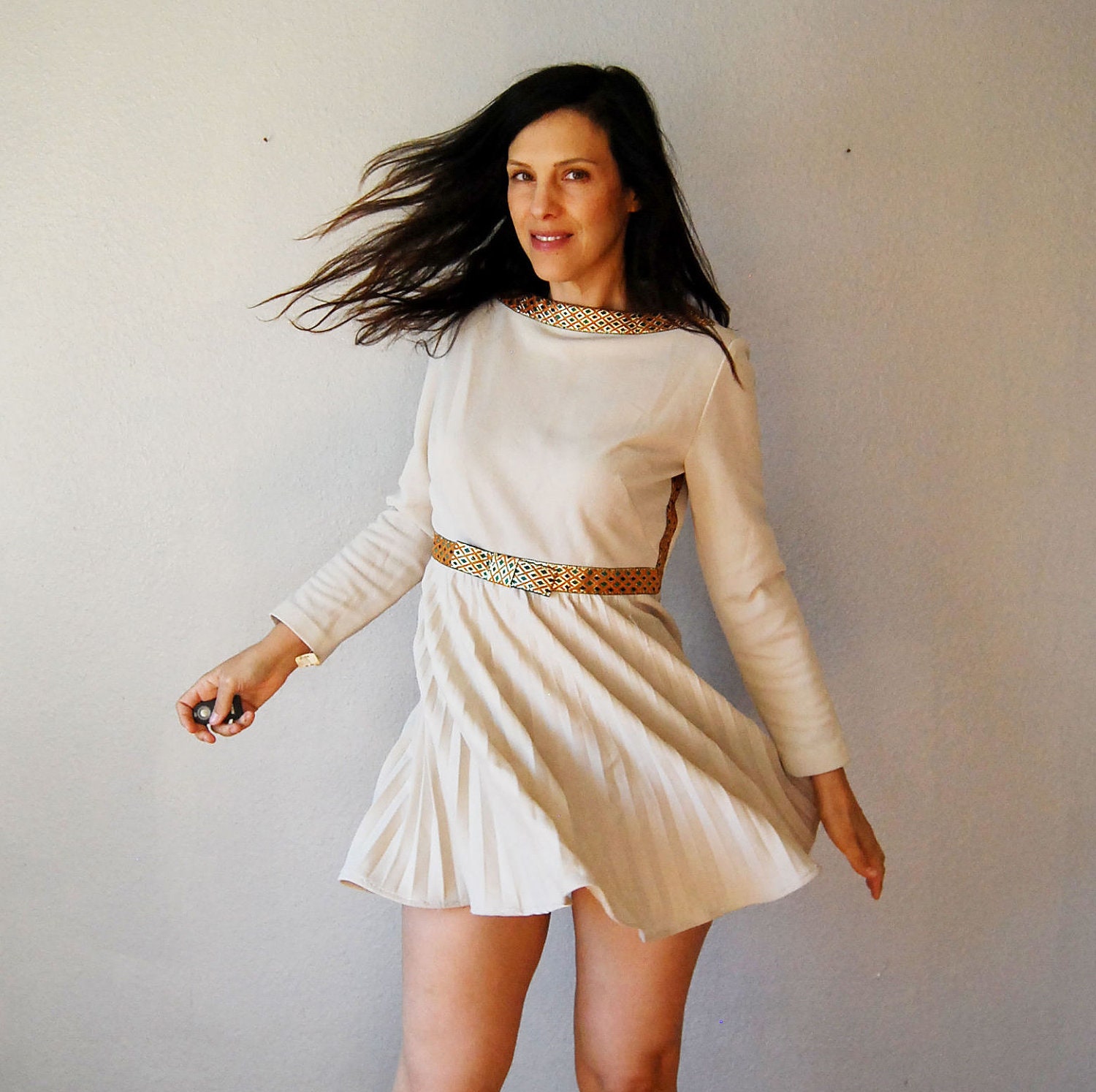 vintage CHAMPAGNE cocktail dress / cream 1960s pleated party dress