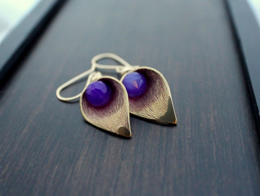 Purple Chalcedony Earrings, Gold Filled Drop Earrings, Calla Lily, Romantic Vintage Style
