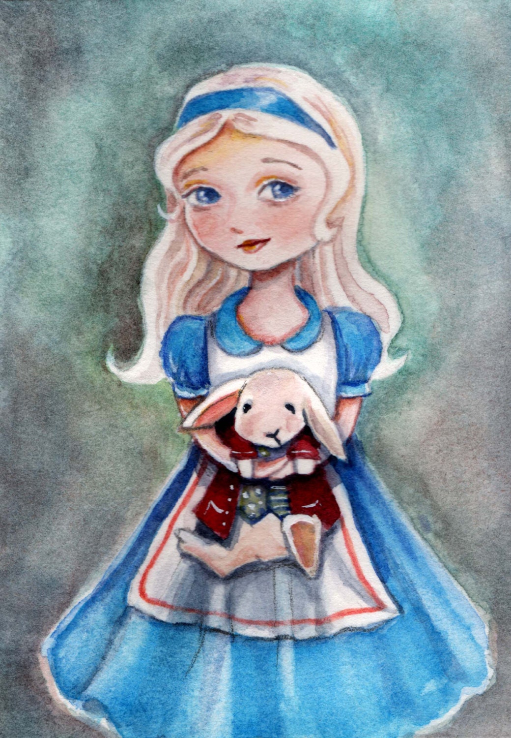 Alice in Wonderland holding rabbit 8.5x11 art PRINT