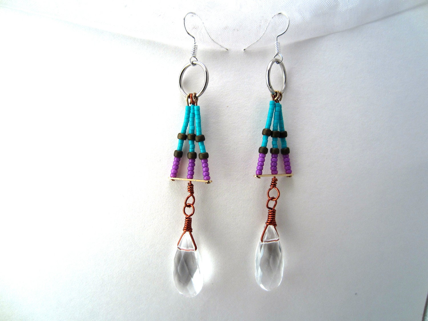 Purple & Geometric Crystal Earrings - (drop glass wire wrap magic neon classy turquoise dream brass triangle pyramid tripod balance dangle)