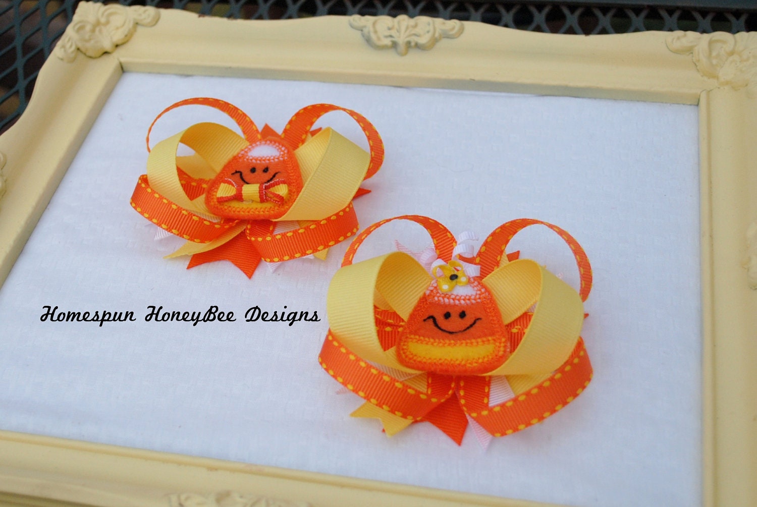Mr and Mrs Candy Corn Clippies...Fall Loopy Bows...Halloween Hairbow Set...Trick or Treat Hair Bows...Pigtail Hairbows...Candy Corn Cutie - HomespunHoneyBee