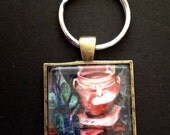 Key Chain Charm hibiscus flower pottery mexican indian cactusl black square glass antique brass  reflection mini print keys car house home