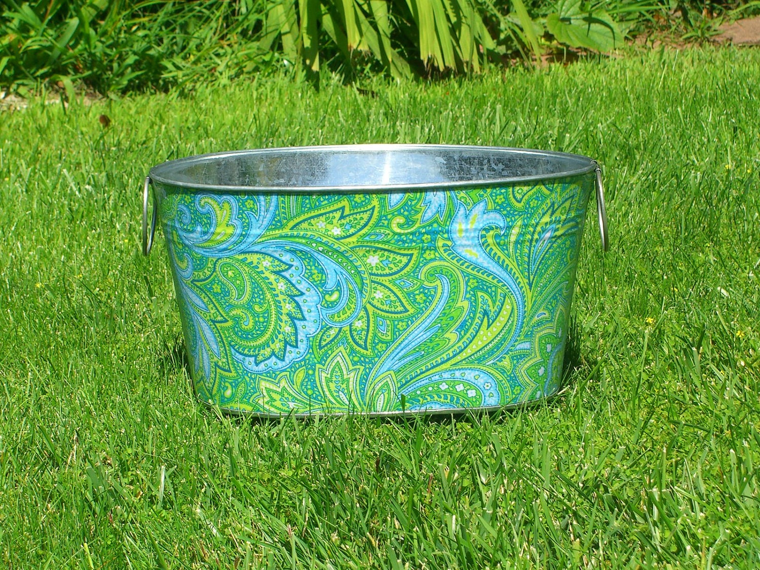 Galvanized Tub Medium Oval Storage Tub Aqua Blue and Lime Green Boho Paisley