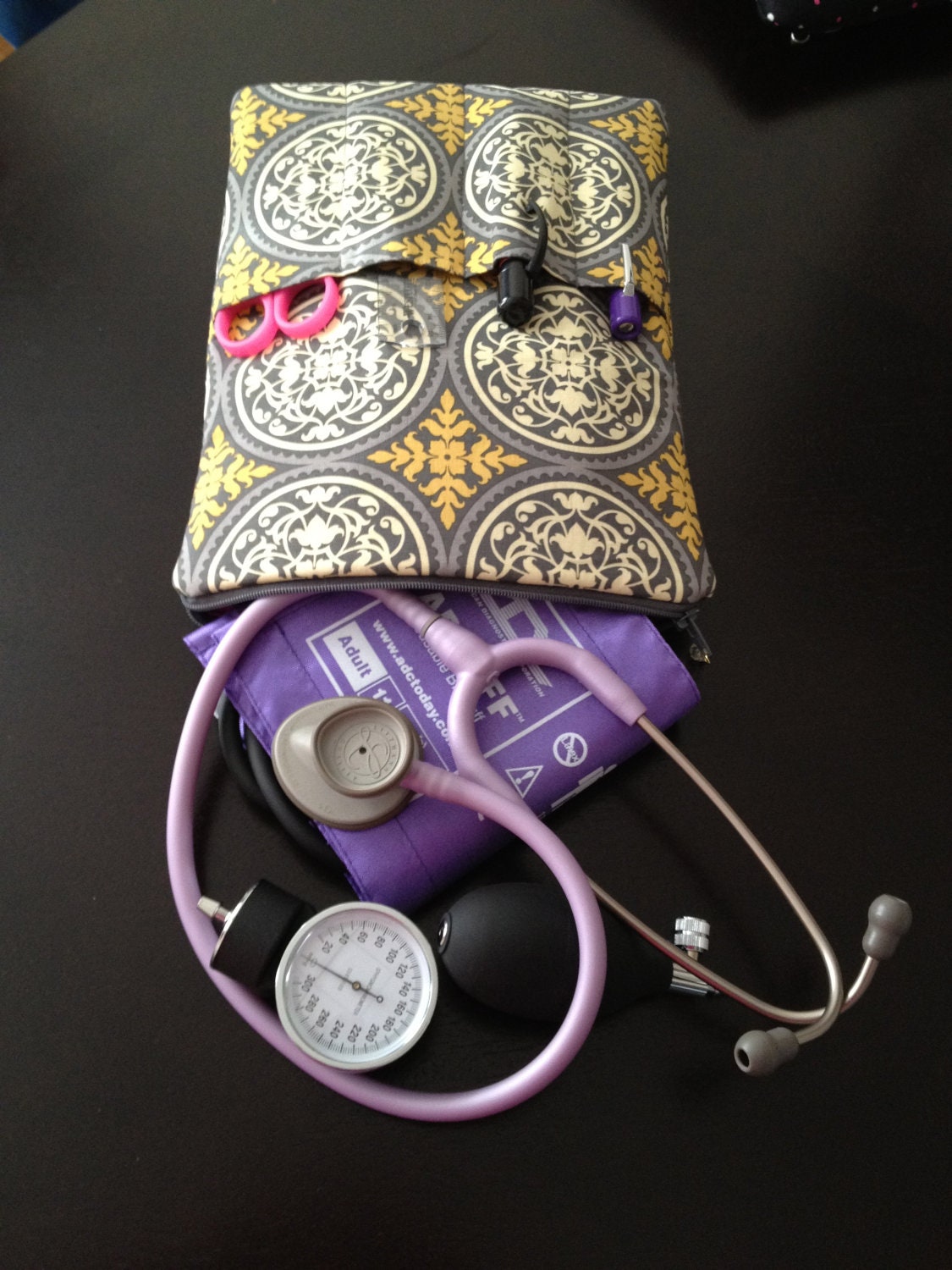 custom NURSE PURSE - fabric medical case, stethoscope bag & BP cuff case - made to order (medical pouch, pockets for penlight and tools)