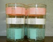 Atomic, Teal, Pink and White Water Glasses, Drinking Glasses, 4 Mid Century Pastel Color Glassware