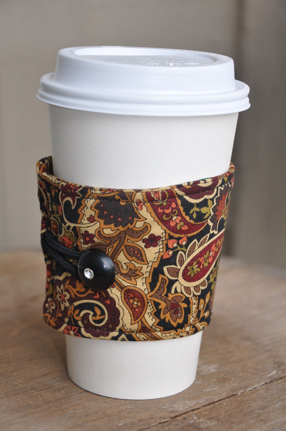 Earth Toned Rust, Tan, Black, Olive and Brown Paisley Print Java or Tea Wrap Around Sleeve