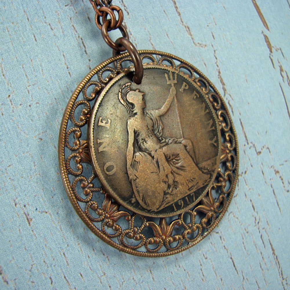 coin necklace, long - British, Britannia one penny, 1917