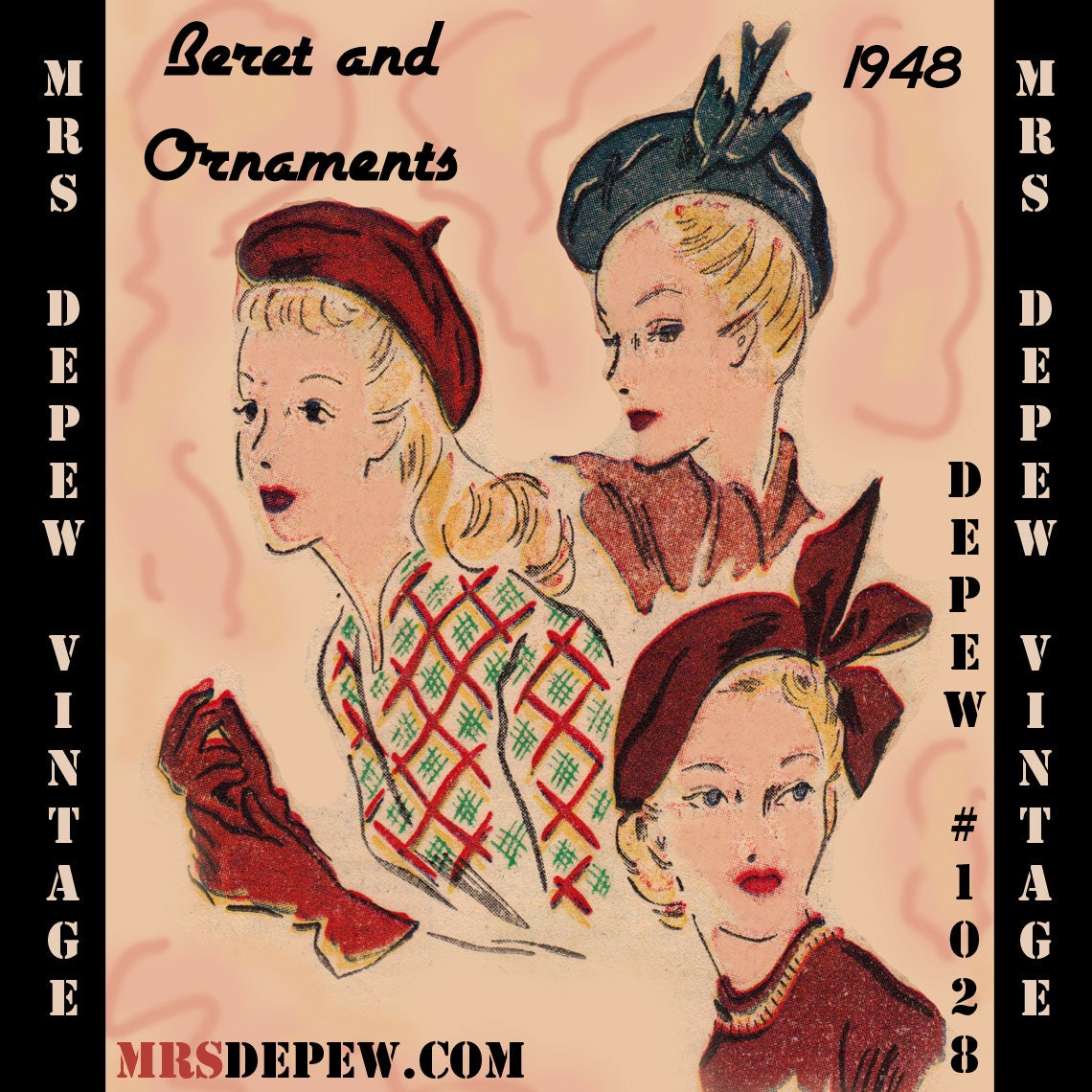 Vintage Sewing Pattern French Beret and Ornaments Digital Reproduction 1940's Depew 1028 -INSTANT DOWNLOAD-