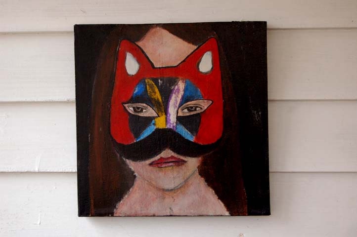 Acrylic Portrait Painting Masquerade Mask Original 12x12  Plastic Happiness - Young woman wearing kitty mask