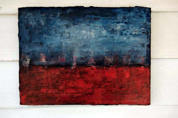 Abstract Acrylic Collage Painting 9x12 Original Contemporary Modern Wrapped Canvas Colorful Red Blue