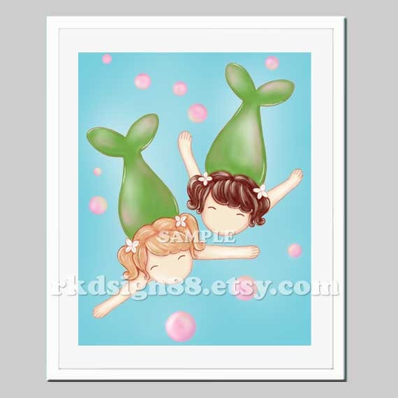 Mermaids art, girls room, sea nursery art print, family art, kids art, two sisters art, best friends, Gemini blonde brown 8 x 10