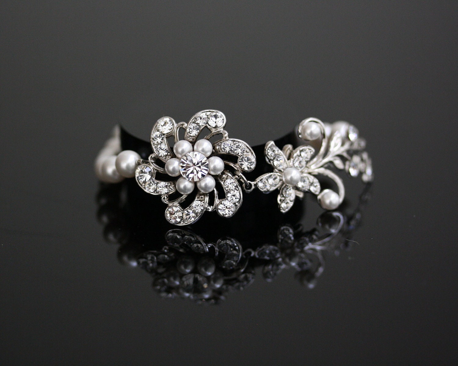 White Pearl Bridal Bracelet Swarovski Crystal Rhinestone Flower Pearl Bracelet Wedding Jewelry SABINE FINE