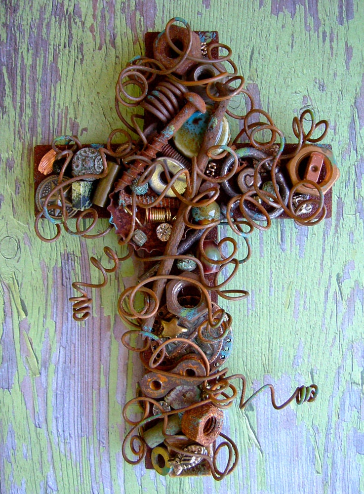 6 Inch Rustic Wall Cross Wire Wrapped with Rusty Nuts and Bolts For Your Wall