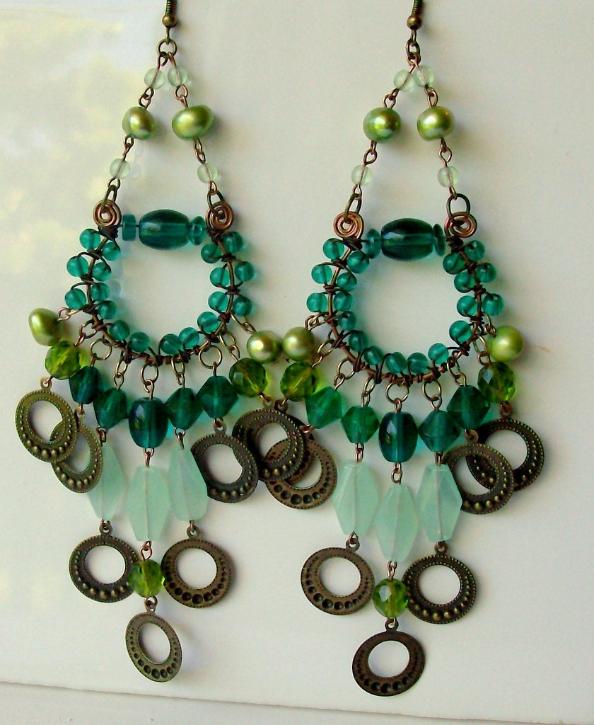 Emerald Green Copper & Brass Chandelier Earrings - Bohemian - Gypsy - Wire Wrapped - stoneandbone