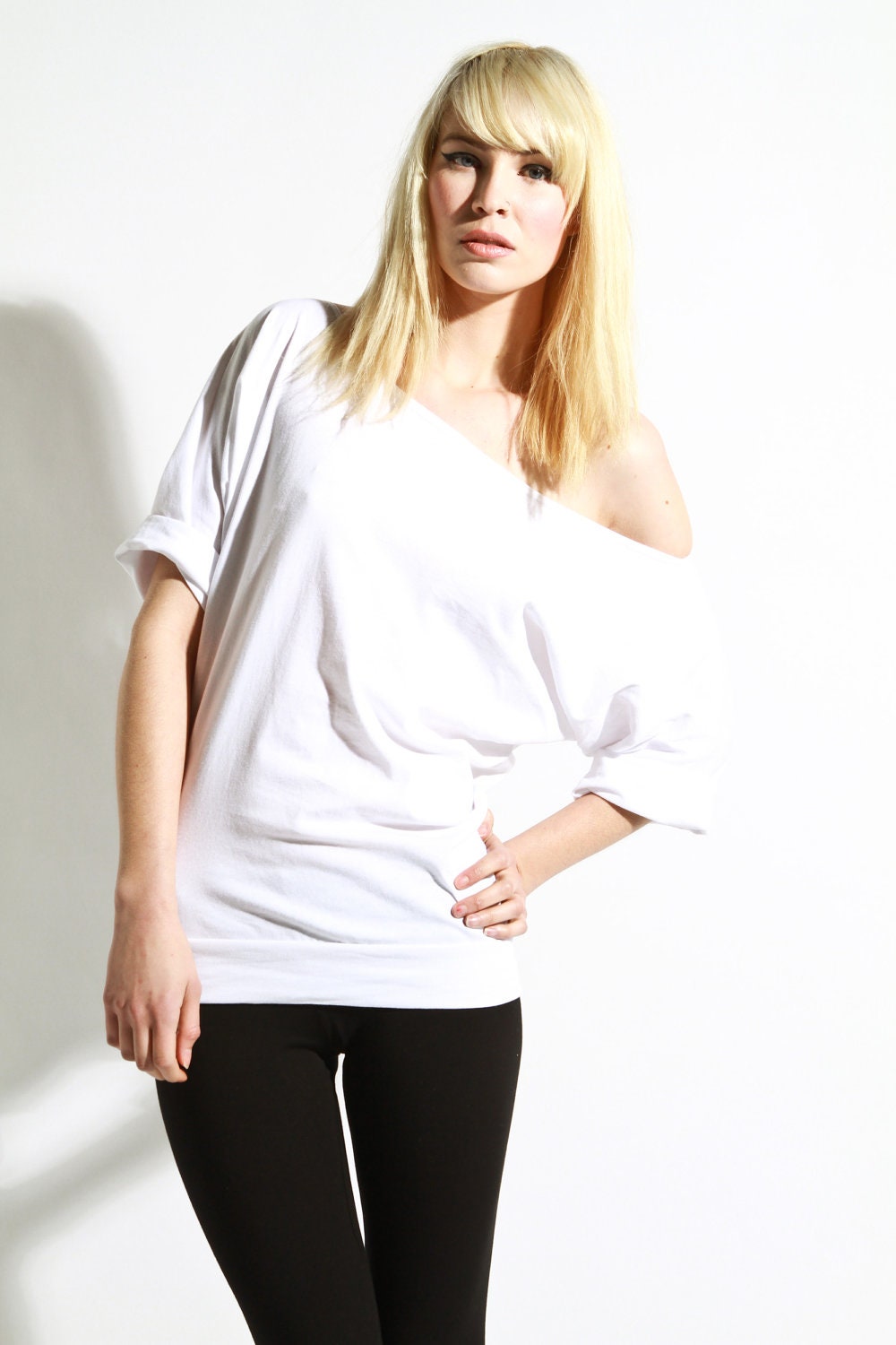 Off The Shoulder Top -  Oversized Cotton Shirt, Womens White Tee