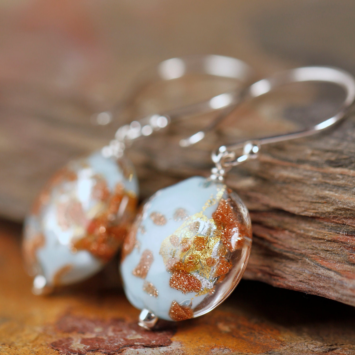 Light Turquoise Venetian glass earrings, 14mm Lentils