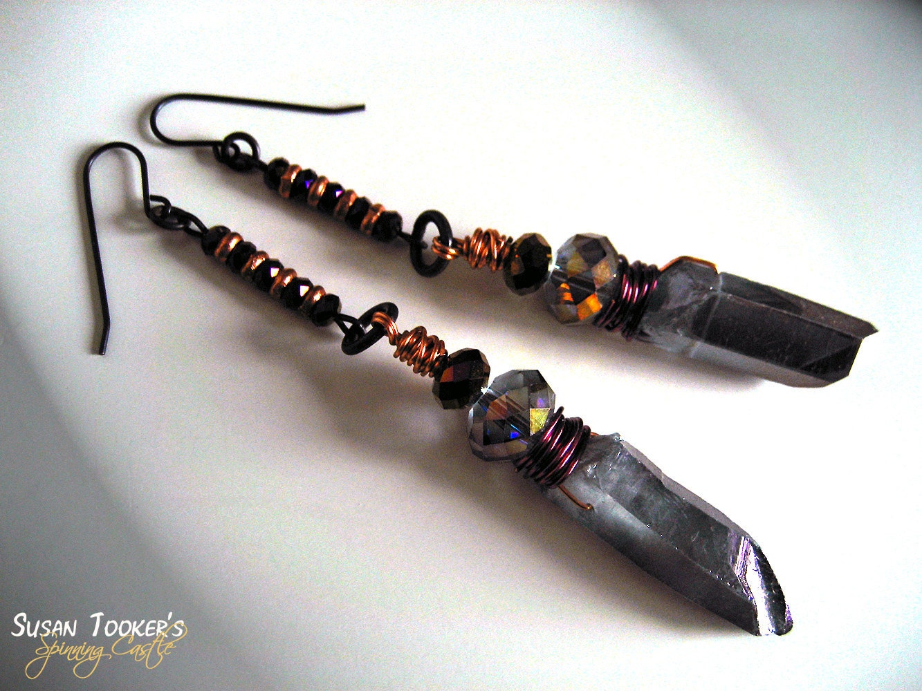 Tanzine Aura Quartz Crystal Point Earrings Oxidized Wire Wrapped Plum Purple Iridescent Crystal Beads CRYSTAL SHARDS by Spinning Castle