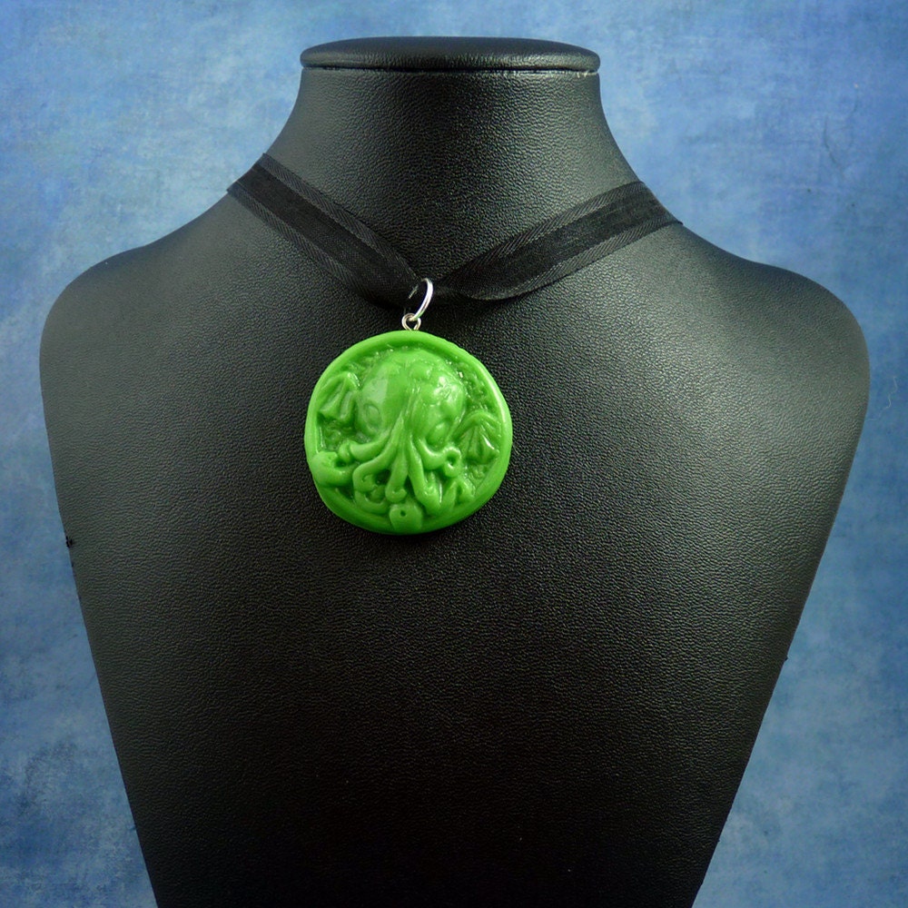 Bright Green Small Cthulhu Cameo Necklace with Chain, Handmade Polymer Clay Jewelry