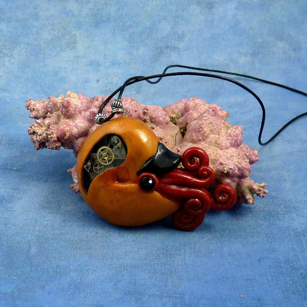 Brass Steampunk Nautilus Necklace, Polymer Clay Neo-Victorian Jewelry