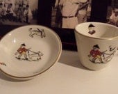 Shenango china child's cup and saucer - Hunting boy - Dog - Rabbit - Est. 1940s vintage - Uncommon