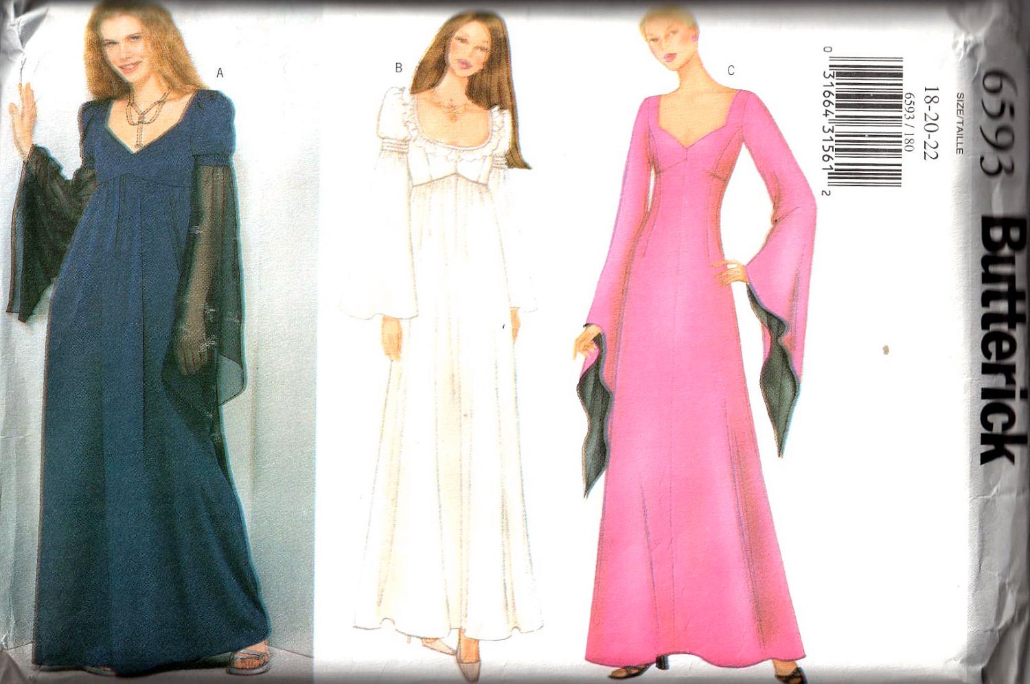 Butterick 6593 1990s Misses Renissance Dress Pattern Womens Sewing Pattern Size 18 - 22 Bust 40 - 44 Uncut