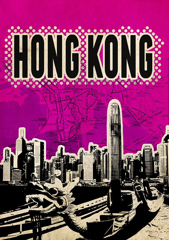 Hong Kong Poster print Cityscape artwork  Mixed Media art on canvas Handmade Wall Decor typography print