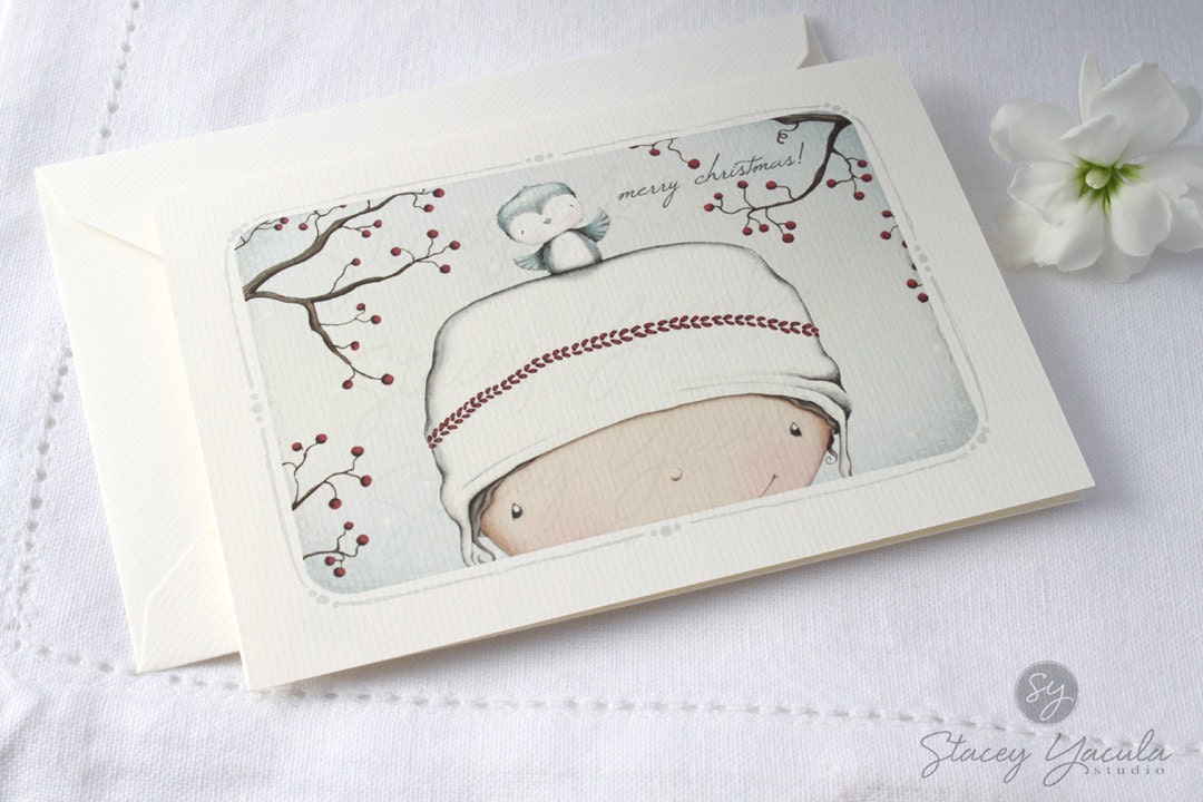 Christmas Card, Holiday, Greeting Card, Blue Bird, Girl, Berries,Winter, Snow, Sweet Moment