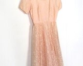 50s Party Dress / Vintage 1950s Dress / Blush Pink / Flocked Flowers / XS S