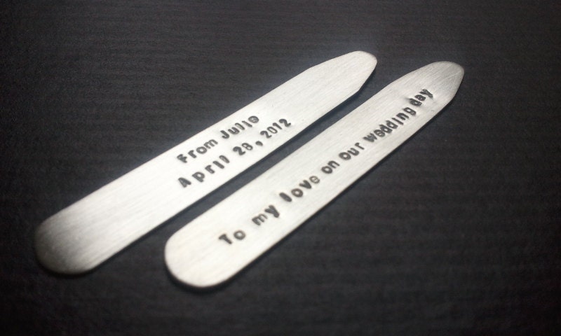 c o l l a r s t a y s - 1 pair - Hand forged Nickel with Custom Inscription - Naughty or Nice