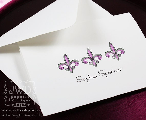 Personalized Stationery  Fleur de Lis Stationery Note Card Set of 10 Folded Note Cards Stationary You Choose Color