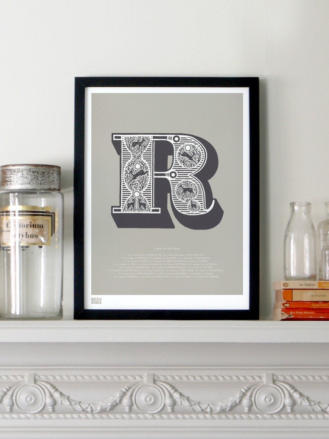 Illustrated Letter R in Putty/Charcoal - decorative screen print