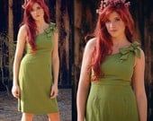 Monica One Shoulder Pencil Skirt Green Linen Dress w Bow - Bridesmaid