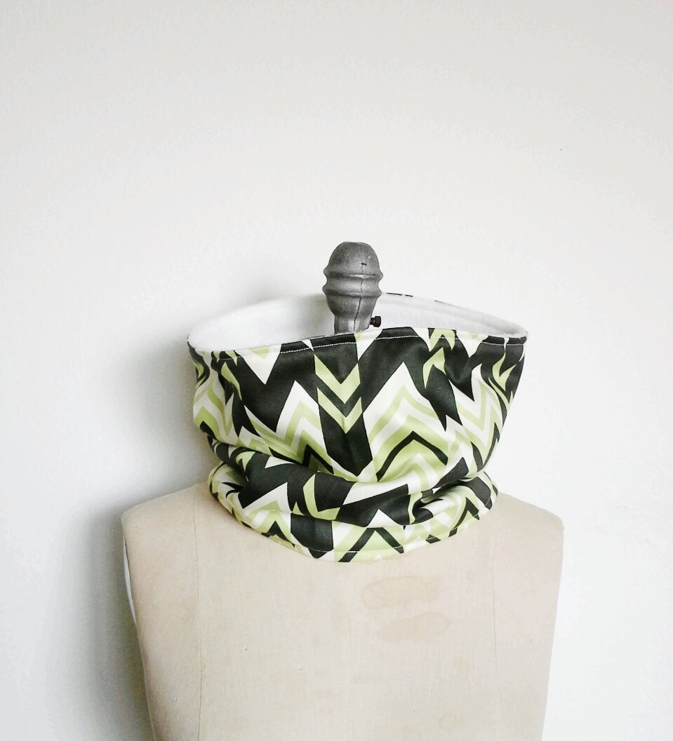 The Cowl Scarf, Neck Warmer in Green and White Geometric Print