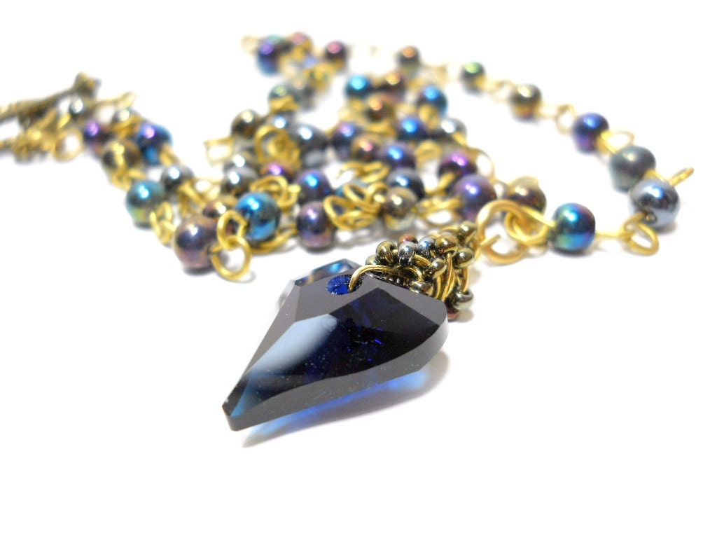 Wild Heart Crystal Beaded Necklace, Luminous Indigo Swarovski Heart, Micro Wrapped Bail, Rosary Chain, Rustic, Organic, Holiday Jewelry
