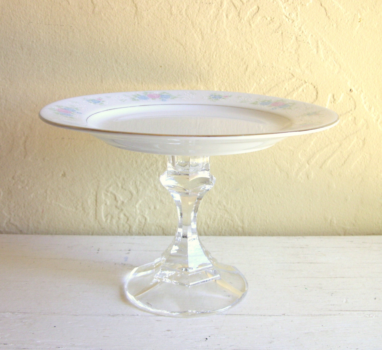 Pedestal Trinket Dish Upcycled Vintage China Plate with Light Blue and Pink Flowers