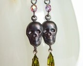 Black Skull Jewel Earrings Olive Purple Antiqued Brass Skulls Victorian Jewelry