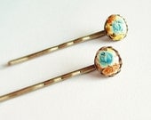 Rose Cameo Hair Pins Small Vintage Limoges Antiqued Brass Set of 2 Blue Yellow