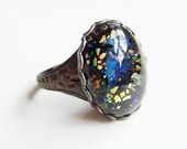 Blue Harlequin Glass Ring Rare Vintage Dark Blue Faux Opal Cabochon Rare Art Glass