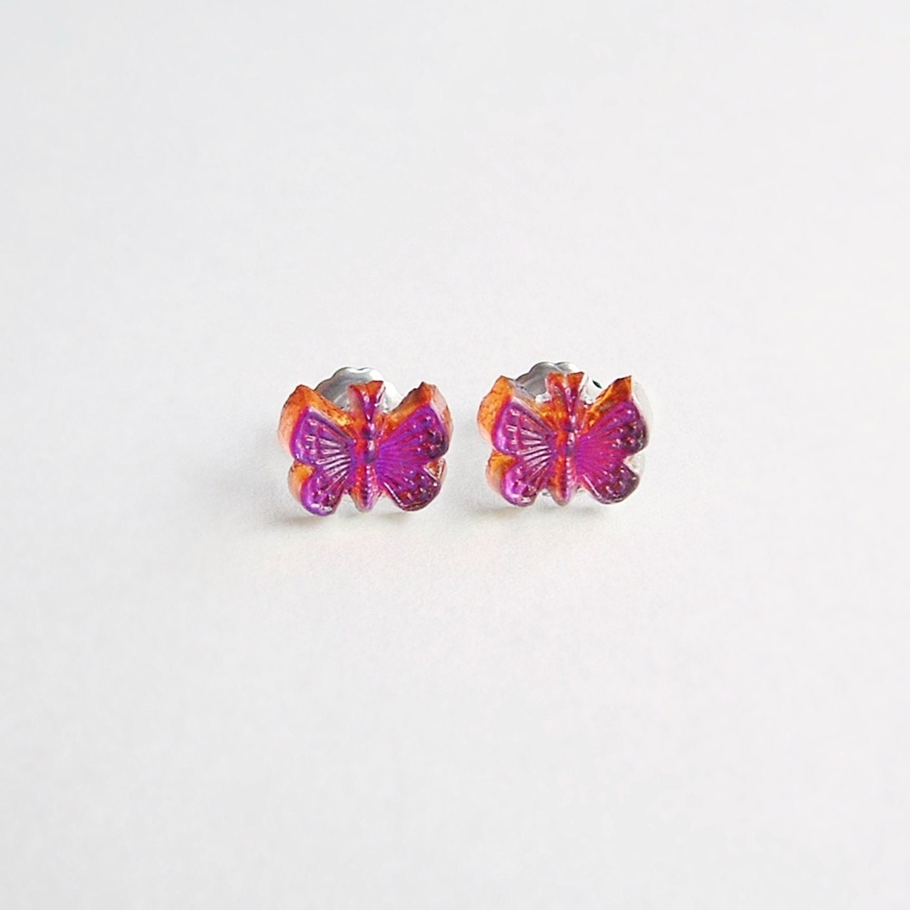 Butterfly Post Earrings Small Vintage Iridescent Glass Studs Purple Orange Volcano Glass
