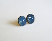 Black Glitter Opal Earrings Vintage Domed Glass Cabochon Posts Hypoallergenic Nail Polish Jewelry