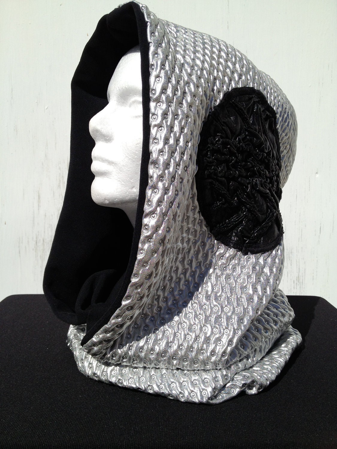 Reversible silver and black hood, great for winter, desert, festivals