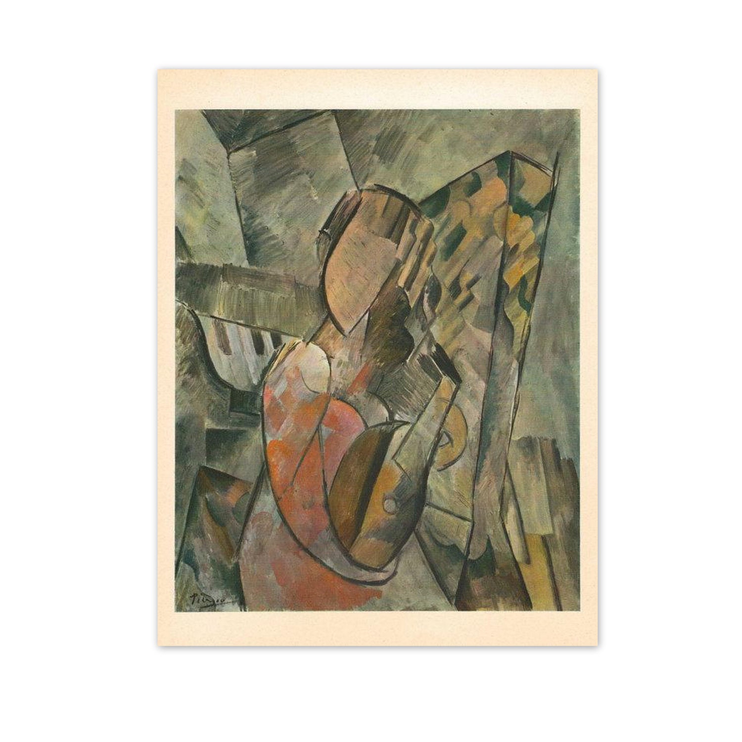 Vintage 1940s Picasso Art Print. Girl with a Guitar, 1909. 6" x 8". French, Shabby Chic, Paris, Contemporary, Abstract. (No. 251)