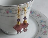 Purple Lucite Flower Earrings with Beaded Stamens