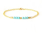 Turquoise Magnesite, Brass Gold Chain Minimalist Bracelet - Alternating Brass and Magnesite